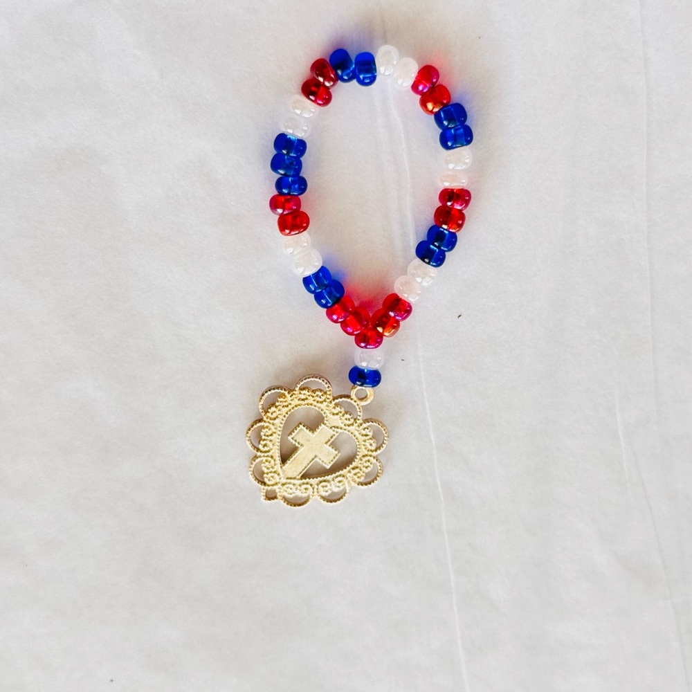 Vintage Rosary Prayer Silver Cross Ring Red White Blue Beaded Ring w Gift Card